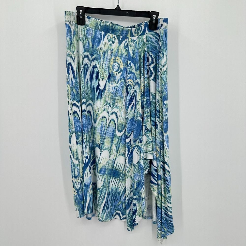 Chicos Asymmetrical Skirt Womens Size L Blue White Ikat Stretch Nautical‎ Beachy